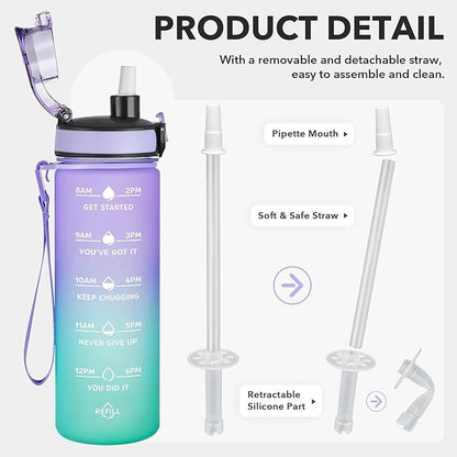Enerbone Water Bottle, Leakproof BPA &amp; Toxic Free, Motivational Water Bottle with Times to Drink and Straw, Fitness Sports Water Bottle with Strap for Office, Gym, Outdoor Sports