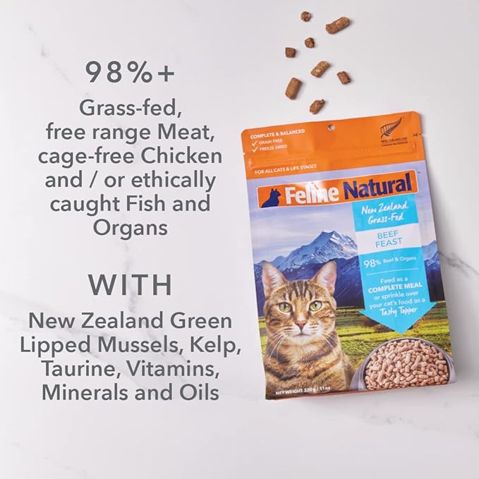 Feline Natural High Protein Dry Cat Food, Freeze-Dried Diet with 98% Meat, Organs &amp; Seafood, No Peas, Grains, or Artificial Additives, Made in New Zealand, Chicken &amp; Lamb, 11oz