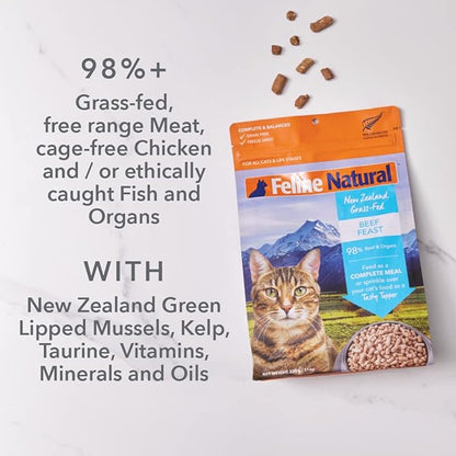Feline Natural High Protein Dry Cat Food, Freeze-Dried Diet with 98% Meat, Organs &amp; Seafood, No Peas, Grains, or Artificial Additives, Made in New Zealand, Chicken &amp; Lamb, 11oz