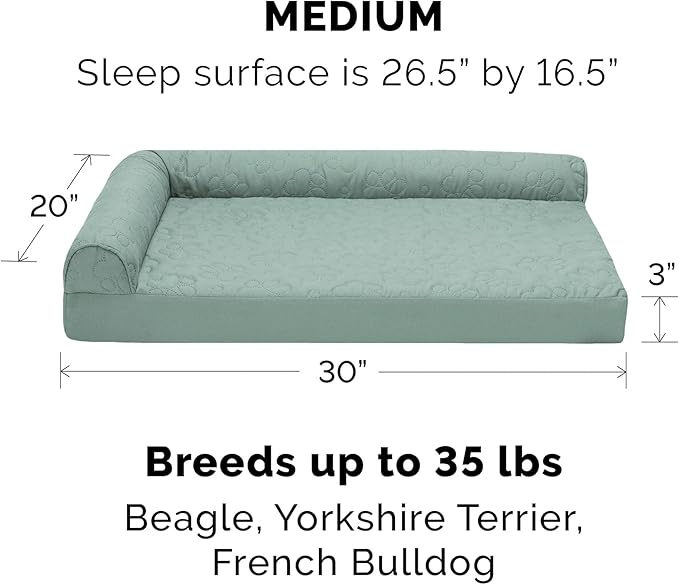 Furhaven Cooling Gel Dog Bed for Medium/Small Dogs w/ Removable Bolsters &amp; Washable Cover, For Dogs Up to 35 lbs - Pinsonic Quilted Paw L Shaped Chaise - Iceberg Green, Medium