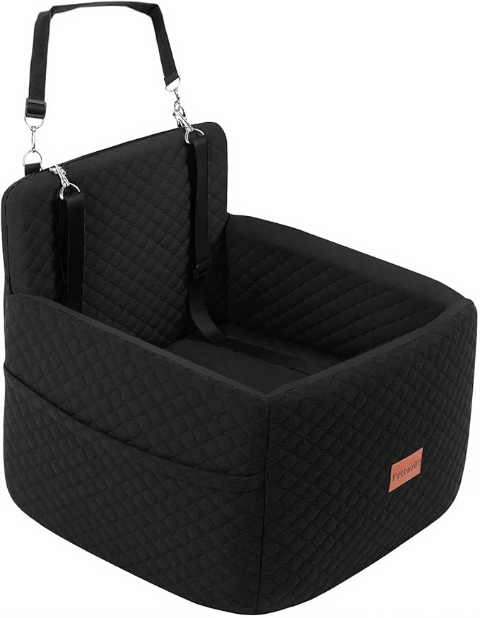 Dog Car Seat for Small &amp; Medium Dogs Under 35lbs, Detachable &amp; Washable Pet Car Seat, Interior Height 6 Inches Pet Travel Bed with Storage Pockets and 2 Dog Safety Belts (Black)
