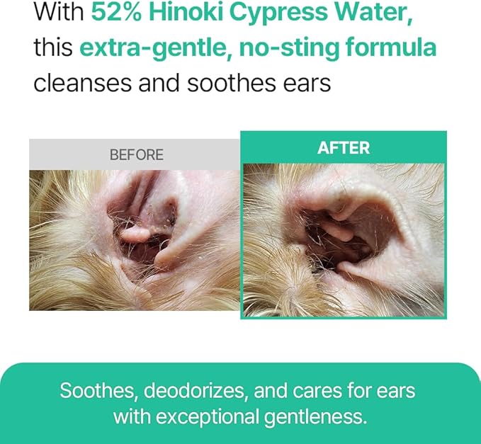PetO’Cera CL’Ear Ear Cleaner for Dogs &amp; Cats with 52% Hinoki Cypress Water, Soothes Itching &amp; Irritation, Cleans &amp; Deodorizes, Alcohol-Free &amp; Gentle Formula, Korean Pet Care (4 fl oz/120ml)