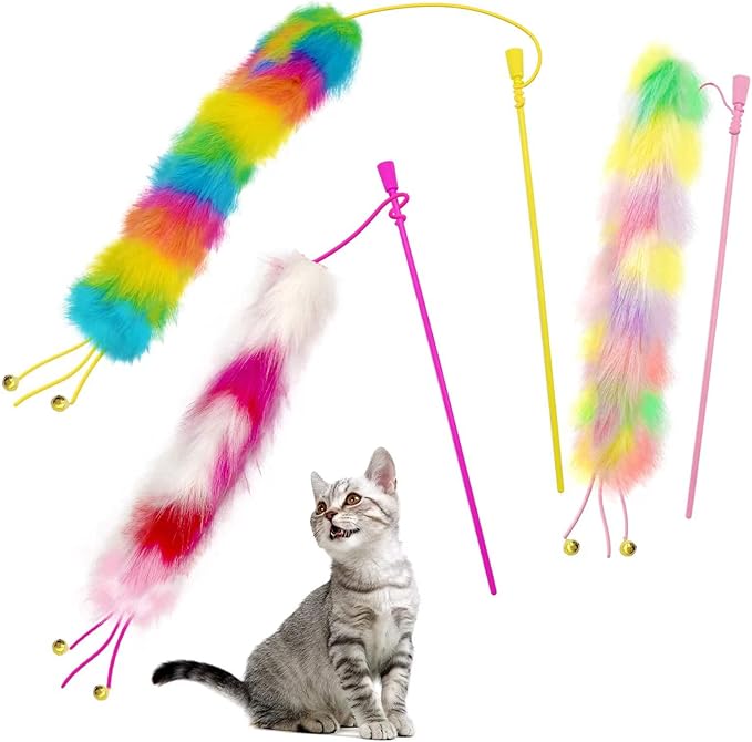 3 Pack Cat Wand Toy, Rainbow Cat Feather Toys with Bells, Teaser Wand with Soft Furry Tail, Interactive Toys for Indoor Cats &amp; Kitten &amp; Kitty