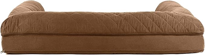 Furhaven Cooling Gel Dog Bed for Large Dogs w/ Removable Bolsters &amp; Washable Cover, For Dogs Up to 95 lbs - Quilted Sofa - Toasted Brown, Jumbo/XL