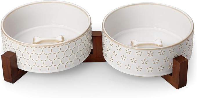 MALACASA Dog Bowl Set with Walnut Wood Stand, 3.5 Cups Ceramic Pet Bowls for Puppy Dogs, Dual Food and Water Bowls with Non-Slip Base, Basic Bowls for Your Dog or Cat, Five-Leaf Grass &amp; Honeycomb