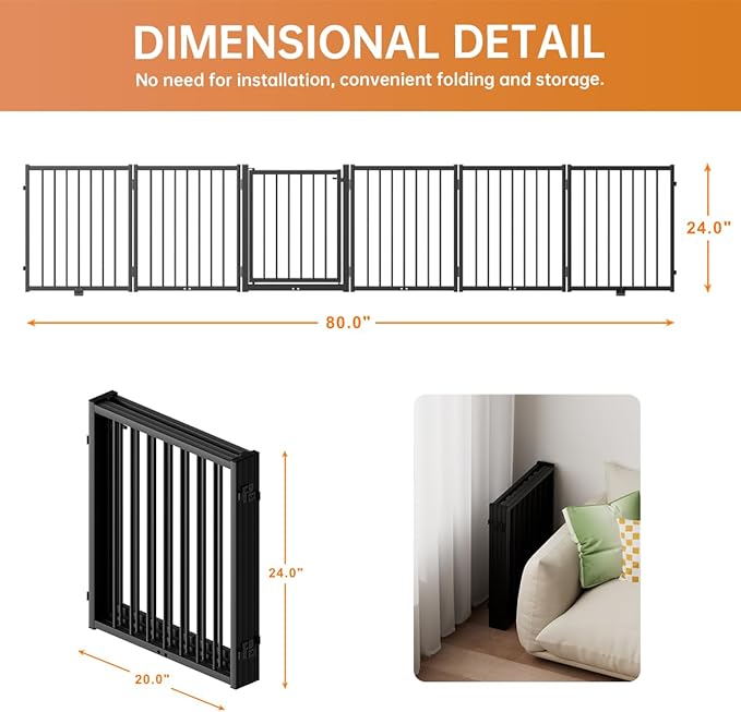 Full Metal Freestanding Dog Gate with Door, 24&