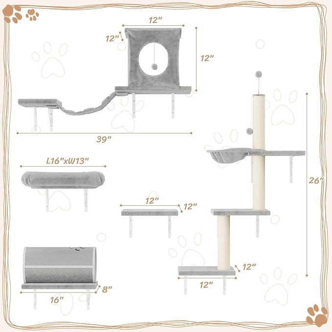 NUNU LAB Wall Mounted Cat Furniture, 7 Pcs Cat Wall Shelves with House, Tunnel, Bridge, Steps, Scratcher, Hammock, Bed, Indoor Safe &amp; Stable Furniture for Kittens Play, Gray