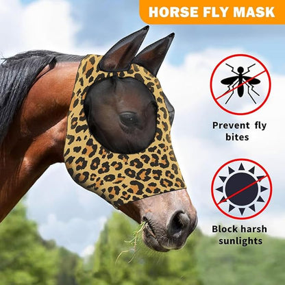 Horse Fly Mask with Ears - Comfort Fit, Durable &amp; Breathable, Easy to on/Off | UV Protection, Large Eye Space, Stretchy Leopard Print (2pcs Large, Tangle-Free)