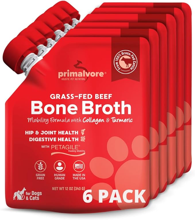 Primalvore Grass-Fed Beef Bone Broth for Dogs &amp;Cats, Mobility Formula w/Collagen Peptides to Help Support Hip &amp; Joints, Digestion, Skin &amp; Coat and Hydration, Human Grade, Made in USA. Beef 6 Pack