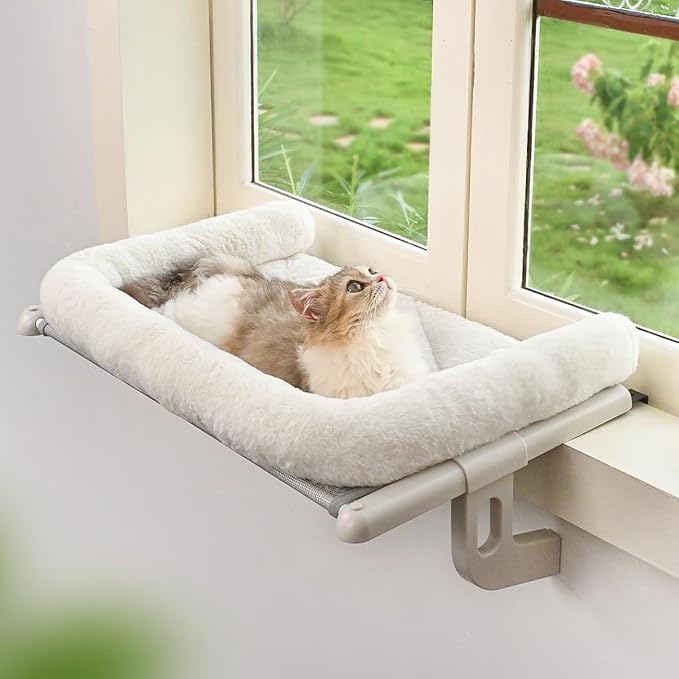 Cat Window Sill Perch with Large Bolster, Easy to Adjust &amp; Assemble Cat Window Seat for Windowsill &amp; Bedside, Pet Hammock Bed for Large Cats and Kittens (White, M)