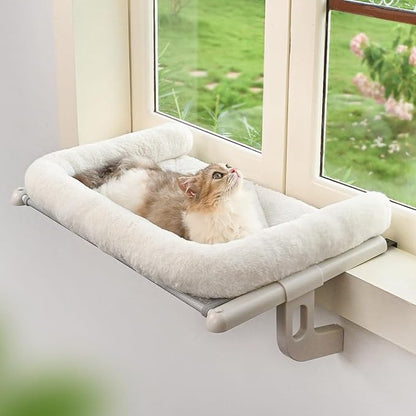 Cat Window Sill Perch with Large Bolster, Easy to Adjust &amp; Assemble Cat Window Seat for Windowsill &amp; Bedside, Pet Hammock Bed for Large Cats and Kittens (White, M)