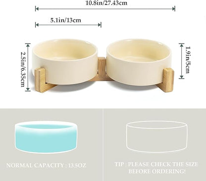 SPUNKYJUNKY Ceramic Dog and Cat Bowl Set with Wooden Stand, Modern Cute Weighted Food Water Set for Small Size Dogs (13.5OZ) &amp; Medium Sized Dogs (28.7OZ) &amp; Cats (1.7 Cups, 2 × Beige)