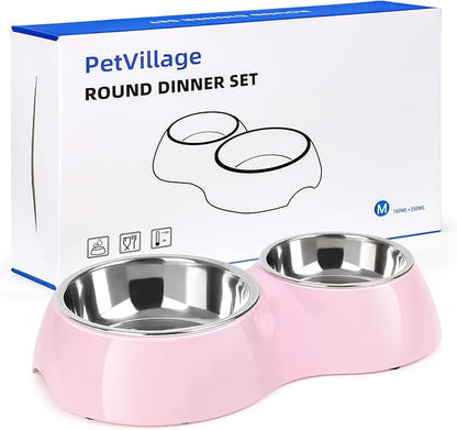 Double Dog Bowls Set – Non-Slip Pet Food &amp; Water Dishes with Resin Stand, Includes Small (1 Cup) &amp; Medium (2 Cups) Bowls – Ideal for Puppies, Cats, and Medium Dogs – Pink