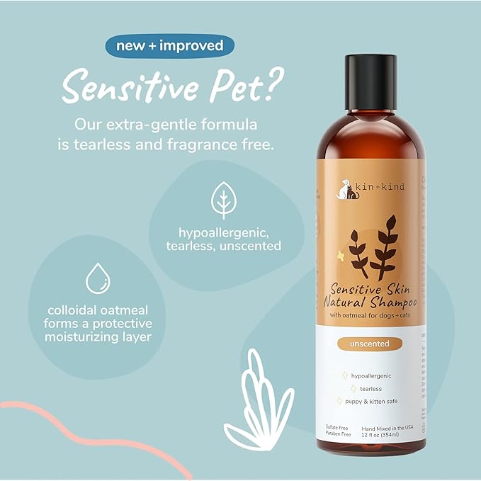 Oatmeal Shampoo for Dogs and Cats by kin+kind - Cat &amp; Dog Shampoo for Sensitive Skin with Colloidal Oatmeal - Safe, Natural Formula with Olive Oil and Coconut Oil (12 fl oz) - Made in USA