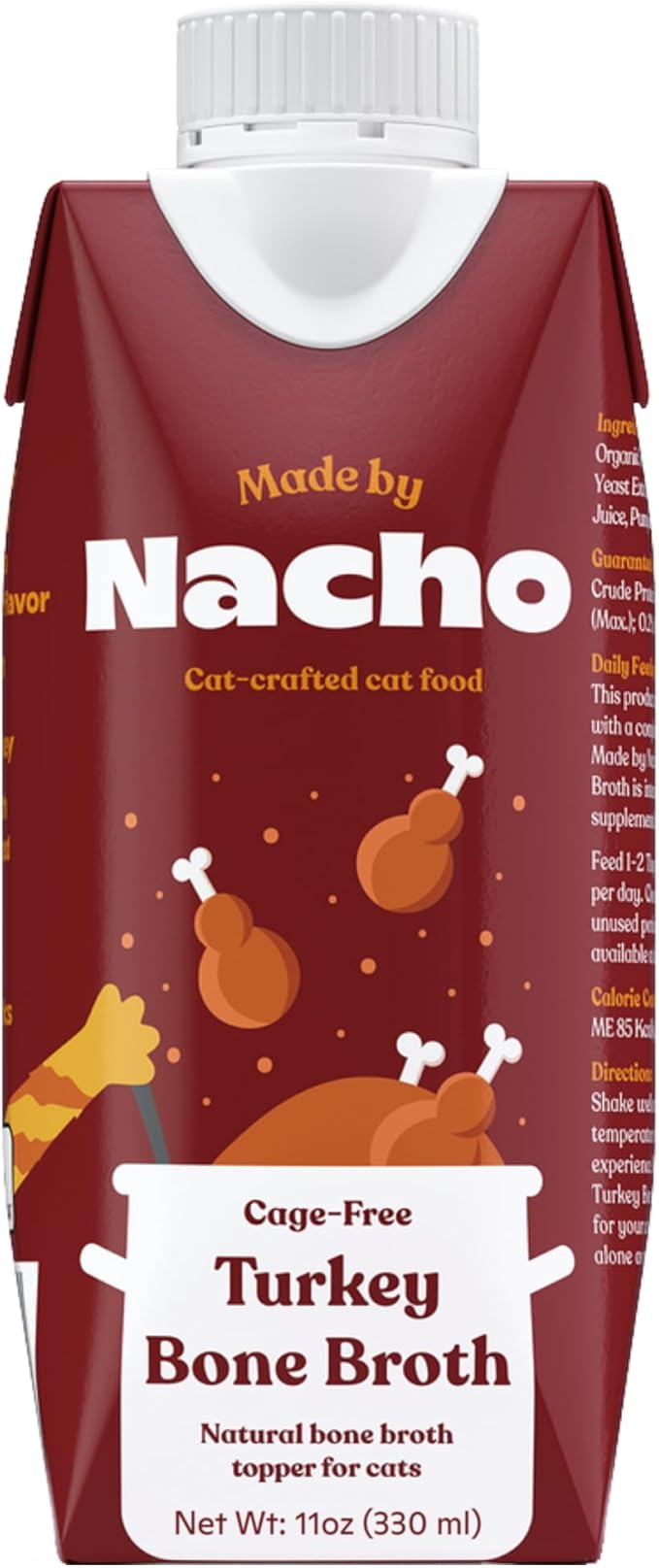 Made by Nacho Bone Broth Cat Food Topper for Hydration and Picky Eaters - Add Protein and Flavor to Your Dry Cat Food – Supports Optimal Nutrition, Digestion, Skin &amp; Coat 11 oz. (Pack of 4), Turkey