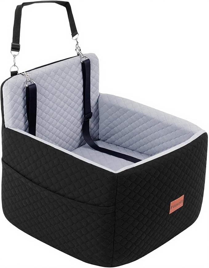 Dog Car Seat for Small &amp; Medium Dogs Under 35lbs, Detachable &amp; Washable Pet Car Seat, Interior Height 6 Inches Pet Travel Bed with Storage Pockets and 2 Dog Safety Belts (Black/Gray)