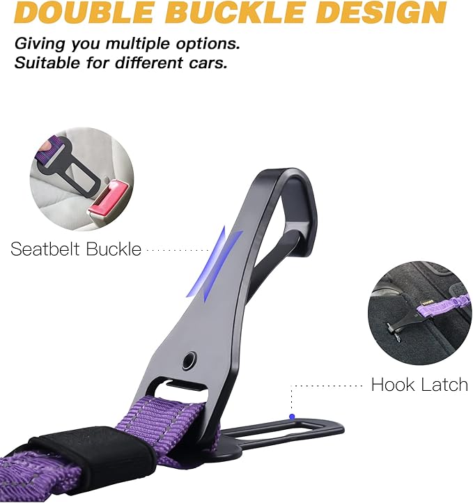 AUBELL Dog Seat Belt for Car,Updated 3-in-1 Adjustable Reflective Bungee Heavy Duty Dog Car Harness Tether with Clip Hook Latch &amp; Buckle,Swivel Zinc Alloy Carabiner,Purple