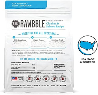 BIXBI Rawbble Freeze Dried Dog Food, Chicken &amp; Salmon Recipe, 26 oz - 94% Meat and Organs, No Fillers - Pantry-Friendly Raw Dog Food for Meal, Treat or Food Topper - USA Made in Small Batches