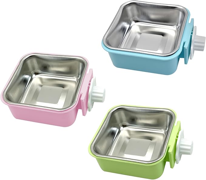 kathson Crate Dog Bowl, Removable Stainless Steel Hanging Pet Kennel Cage Bowl Food &amp; Water Feeder Coop Cup for Puppy, Cat, Rabbit,Guinea Pigs 3pcs Square(Blue,Green,Pink)