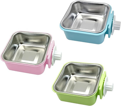 kathson Crate Dog Bowl, Removable Stainless Steel Hanging Pet Kennel Cage Bowl Food &amp; Water Feeder Coop Cup for Puppy, Cat, Rabbit,Guinea Pigs 3pcs Square(Blue,Green,Pink)