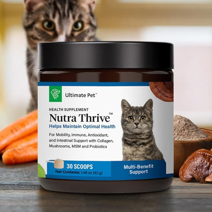 Ultimate Pet Nutrition Nutra Thrive™ Cat Supplement, Vet-Developed Powder for Mobility, Immune Support, Antioxidants &amp; Digestion with Probiotics, Collagen, &amp; Superfoods, 30 Servings