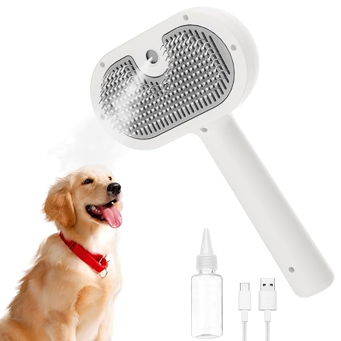 Pet Steam Brush for Dog &amp; Cat – 3-in-1 Spray Hair Removal Comb – Steam Brush for Shedding &amp; Grooming – Water for Long &amp; Short Haired Pets – Spritz Defur Comb (Green)