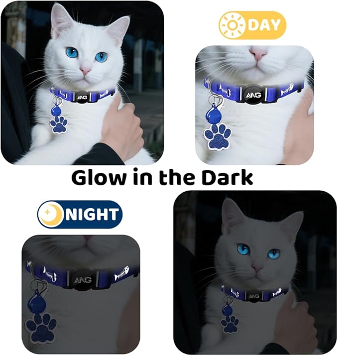 Personalized Breakaway Cat Collars Glow-in-The-Dark with ID Tag, Bell - Safety Quick - Release, Customizable for Female Male Kittens &amp; Cats (Navy)