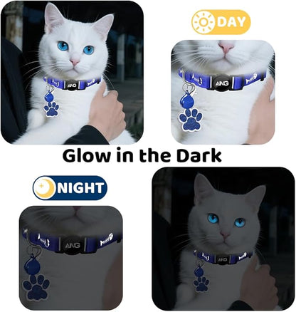 Personalized Breakaway Cat Collars Glow-in-The-Dark with ID Tag, Bell - Safety Quick - Release, Customizable for Female Male Kittens &amp; Cats (Navy)