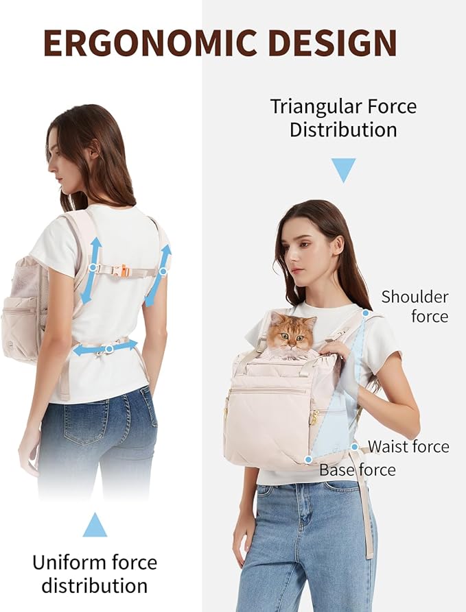 OFY Cat Carrier Puffy Backpack Breathable Small Dog Front Backpack Large Space for Small Dogs, Drawstring &amp; Water-Resisant Pet Bag for Travel Hiking, Beige Gray Patent Pending