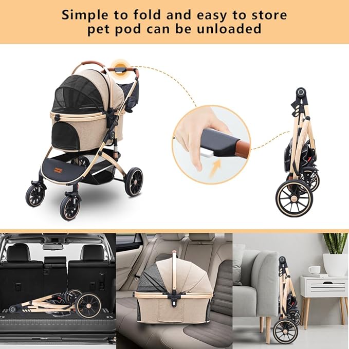 Pettingzoo Dog stroller with 4 Wheels, Folding Cat Stroller for Small/Medium/Large dogs &amp; cats to 60 lbs, pet stroller with removable carrier, Storage BasketCup Holder,3 in1 Multifunctional Detachable