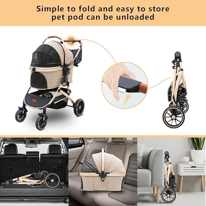 Pettingzoo Dog stroller with 4 Wheels, Folding Cat Stroller for Small/Medium/Large dogs &amp; cats to 60 lbs, pet stroller with removable carrier, Storage BasketCup Holder,3 in1 Multifunctional Detachable