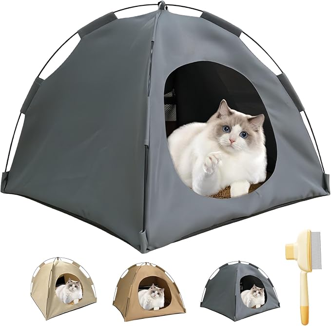 BreezyDen Pop-Up Pet Tent – Portable Hideaway for Cats &amp; Small Dogs, Portable Indoor/Outdoor Pet Tent House with Mesh Window, Waterproof, Breathable, Scratch-Resistant, Fully Washable (Gray,L)