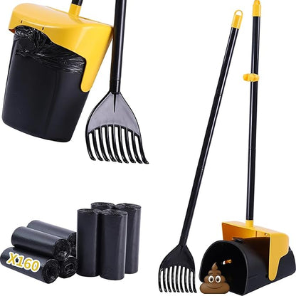 Pooper Scooper Large Swivel Bin &amp; Rake with 160 Waste Bags,Heavy Duty Dog Pooper Scooper with Bag Attachment for Large Small Dogs, Long Handle Poop Scooper with Lid for Yard, Grass, Gravel (Yellow)