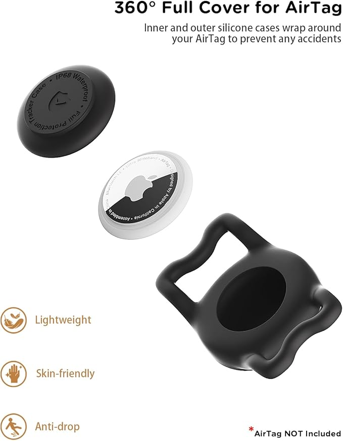 IP68 Waterpoof Dog Air tag Holder, Stretchy Silicone Full Body Covered Apple Air Tag Holder for Dog Cat Collar Fit All Width Collar (Black &amp; Rose, 1 Pack)