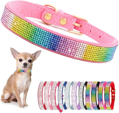Rhinestone Dog Collar for Small Dogs, Bling Diamond Fancy Crystal Glitter Pretty Jewel Pet Puppy Collars for XXS XS Small Medium Large Breed Girl Dogs Female Cats Kitten, Colorful Pink XXSmall