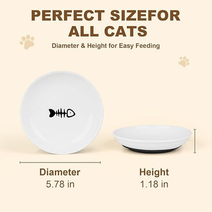 Ceramic Cat Food Bowls - 2 Pack Shallow Plates for Wet Food, Whisker-Friendly Feeding Dish with Non-Slip Silicone Base, Microwave &amp; Dishwasher Safe for Indoor Cats &amp; Kittens