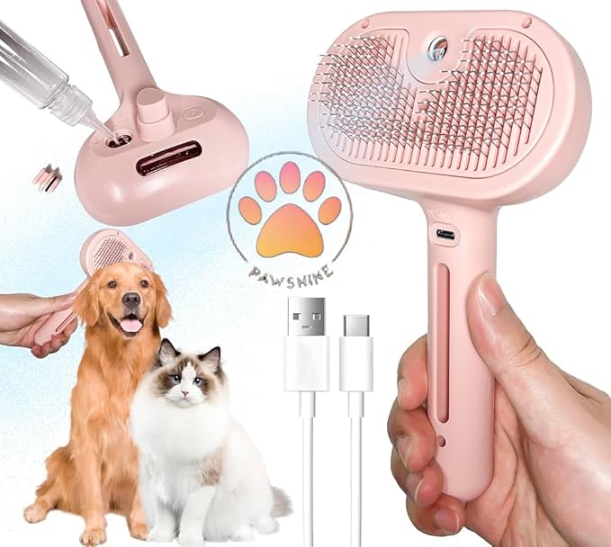 Cat steam brush – Effective Pet Brush for Indoor Cats, Steam Technology for Shedding, Mats &amp; Grooming – Ideal cat brush indoor for Deep Cleaning (Pink)
