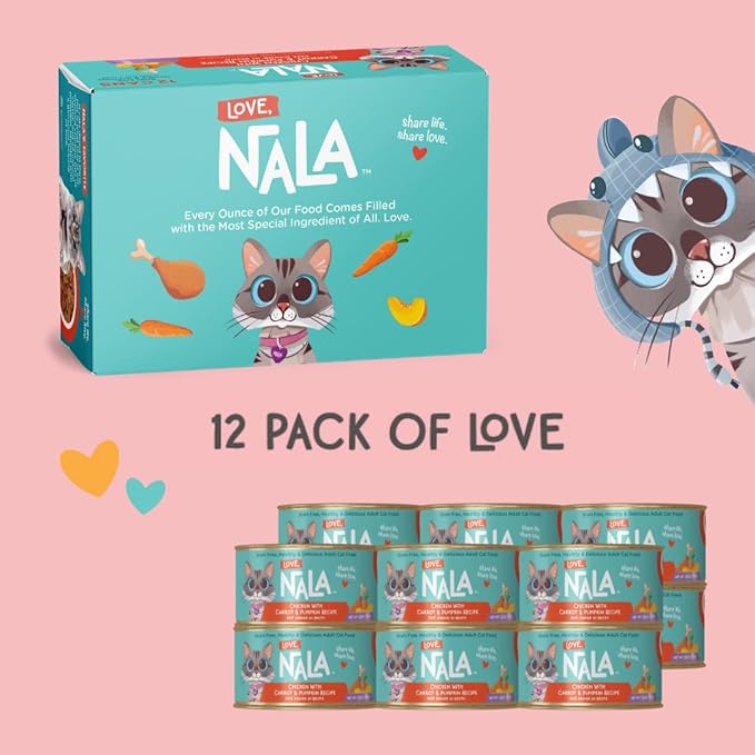 LOVE, NALA - Natural Adult Cat Wet Food - Pate Chicken with Carrot &amp; Pumpkin Recipe- Grain Free, Non-GMO, Lean Protein, Digestive Fiber Blend, Added Minerals &amp; Vitamins - 12 Pack 2.4 lbs.