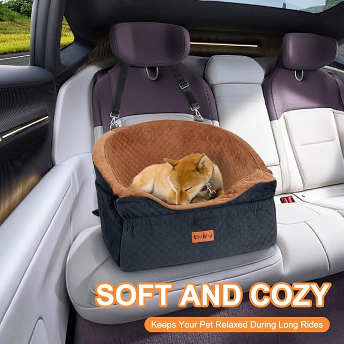 Vivifying Dog Car Seat for Small &amp; Medium Dogs, Detachable &amp; Washable Booster Seat for Pets Up to 30lbs, Travel Bed with Storage Pockets and Safety Belt – Brown&amp;Black
