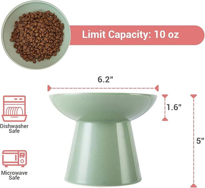 Extra Wide Elevated Ceramic Cat Food Bowl - 6.2" Shallow Dish for Whisker Fatigue Relief, 5" Height for Easy Feeding, Lead &amp; Cadmium Free, Durable Raised Cat Food Bowls, Sage Green