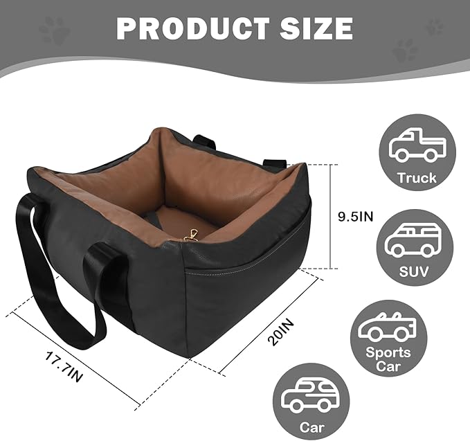 Dog Car Seat for Small Dogs, Large Leather Dog Car Bed with Storage Pocket, Waterproof PVC Leather Booster Seat Travel Bed for Front &amp; Back Seat, Clip-On Safety Leash (Black/Brown)