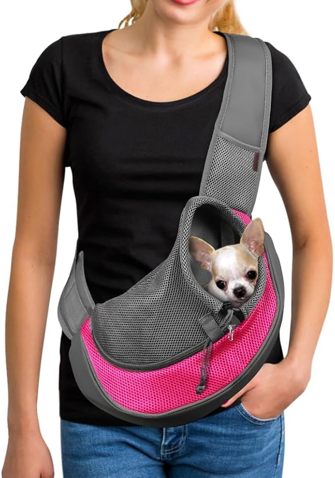 YUDODO Pet Sling Carrier for Small Dogs &amp; Cats – Hands-Free Puppy Carrier with Safety Hook, Large Zipper Pocket, Soft Breathable Mesh, Adjustable Strap &amp; Reflective Strip (Pink 1.0 L)