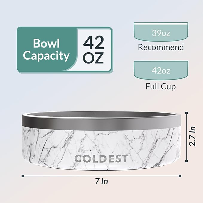 Coldest Dog Bowl - Anti Rust Metal &amp; Non Slip Dog Bowls Large, Spill Proof Heavy Duty 3 Layers Insulated Dog Bowl - Food and Water Bowl for Dogs, Cats &amp; Pets, Dishwasher Safe (42 oz, Carrara Marble)