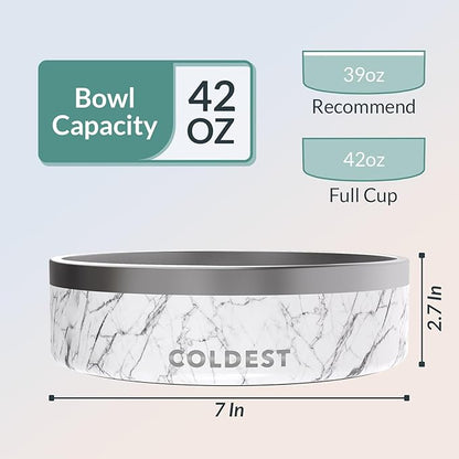 Coldest Dog Bowl - Anti Rust Metal &amp; Non Slip Dog Bowls Large, Spill Proof Heavy Duty 3 Layers Insulated Dog Bowl - Food and Water Bowl for Dogs, Cats &amp; Pets, Dishwasher Safe (42 oz, Carrara Marble)