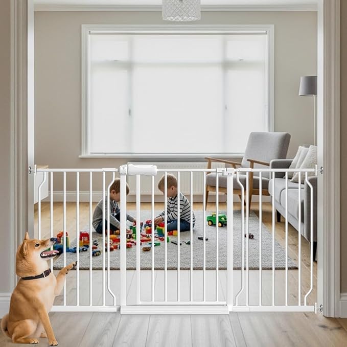 57.5"-62" Extra Wide Auto Closing Baby Safety Gate for Stairs &amp; Doorways, Pressure Mounted No Drill Pet Gate with Walk-Through Door - Heavy Duty Childproof Gate for Toddlers, Kids, Dogs (White)