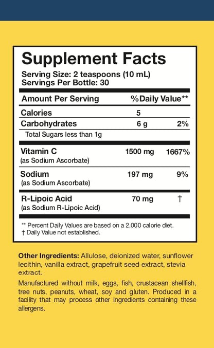 Researched Nutritionals C-RLA - Liposomal Vitamin C with R Lipoic Acid to Support Detox - Vegan &amp; Soy-Free Vitamin C Liquid, Vanilla Caramel Flavor (10 Fl Oz)