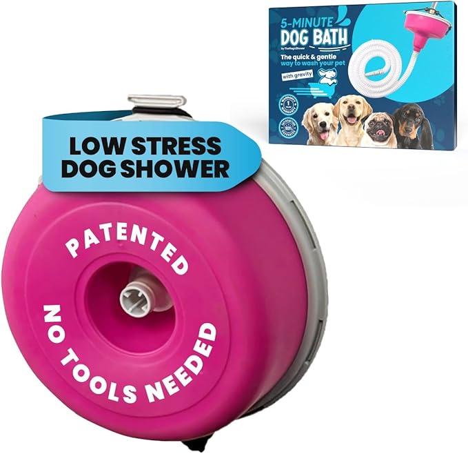 5-MinutePetBath Dog Bath Hose Attachment - Shower Head Accessory for Dog Washing - Low Stress Pet Shower - Portable Wash Station for Grooming, Rinse &amp; Cleaning - Attachable Bathing Essential - Pink