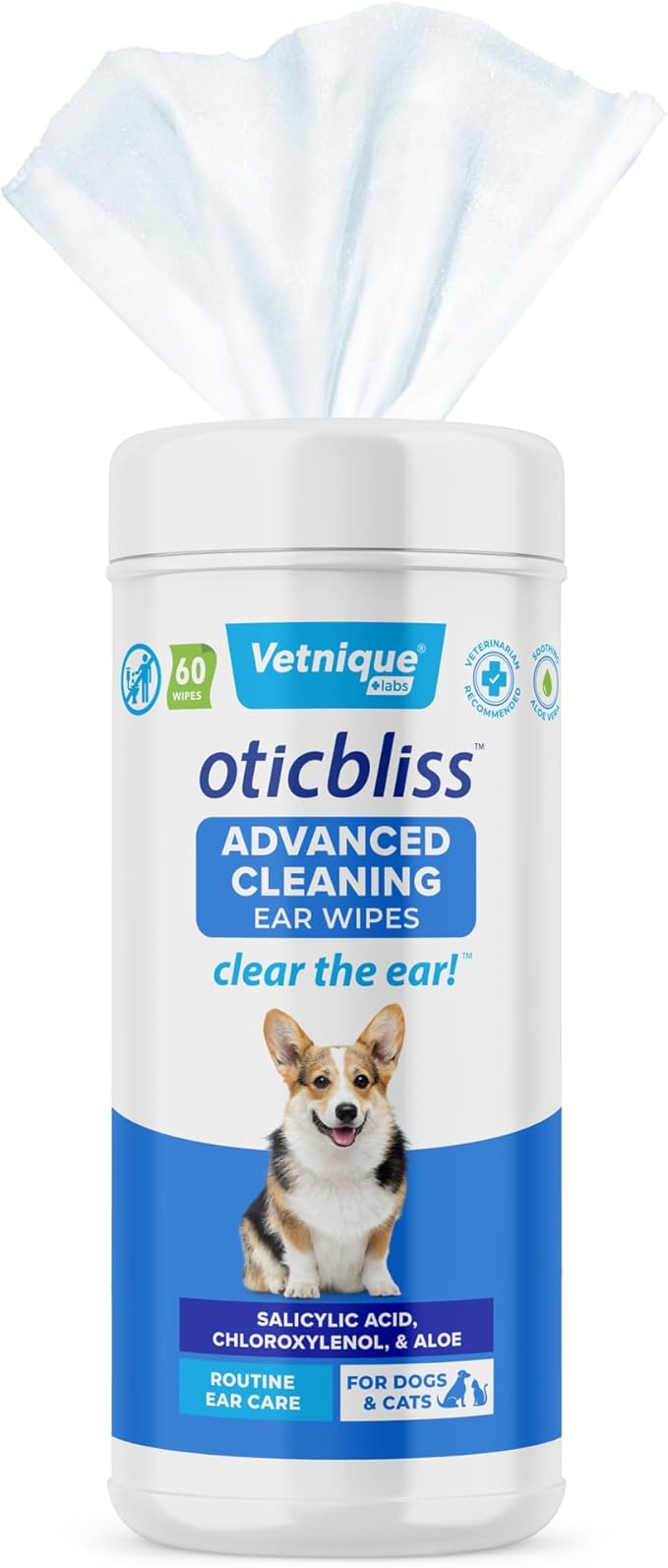 Vetnique Oticbliss Advanced Cleaning Ear Wipes for Dogs for Odor Control, Dirt and Wax Removal with Soothing Aloe Vera, Salicylic Acid &amp; Vitamin E, (Ear Cleaning Wipes, Advanced Cleaning Large)