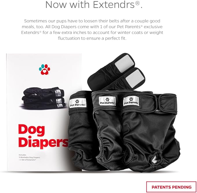 Pet Parents® Washable Dog Diapers (3pack) + Extendrs® of Durable Doggie Diapers, Premium Dog Diapers Female &amp; Male (Small, Black)