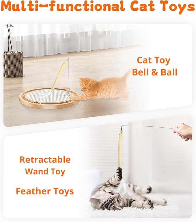 3-in-1 Cat Toys, Scratcher, Toys for Indoor Cats, Natural Sisal Scratching Board, Kitten Interactive with Ball Track &amp; Retractable Wand Toy &amp; Feather